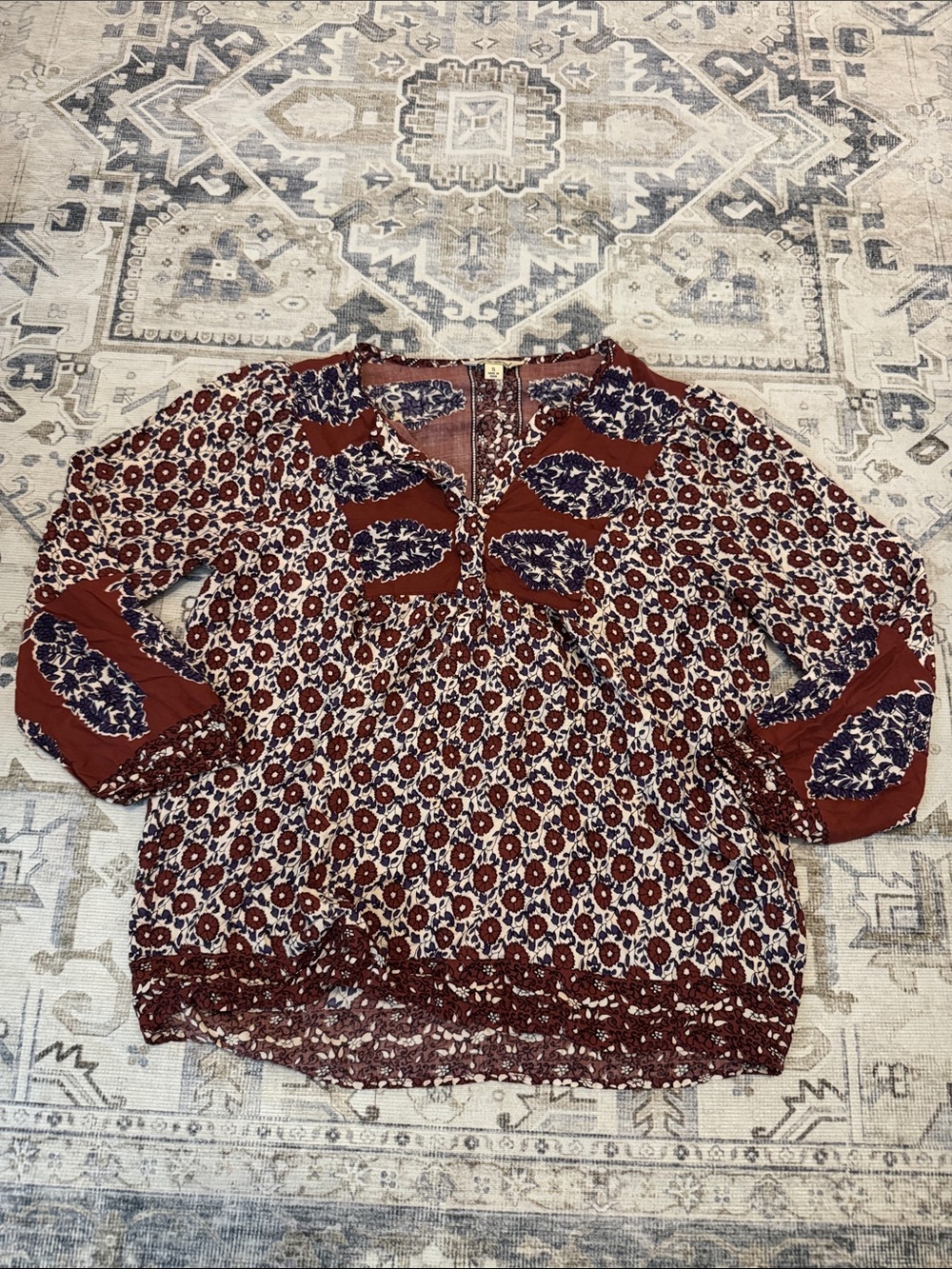 Lucky Brand Rust Navy Floral Paisley Boho Blouse Size Small